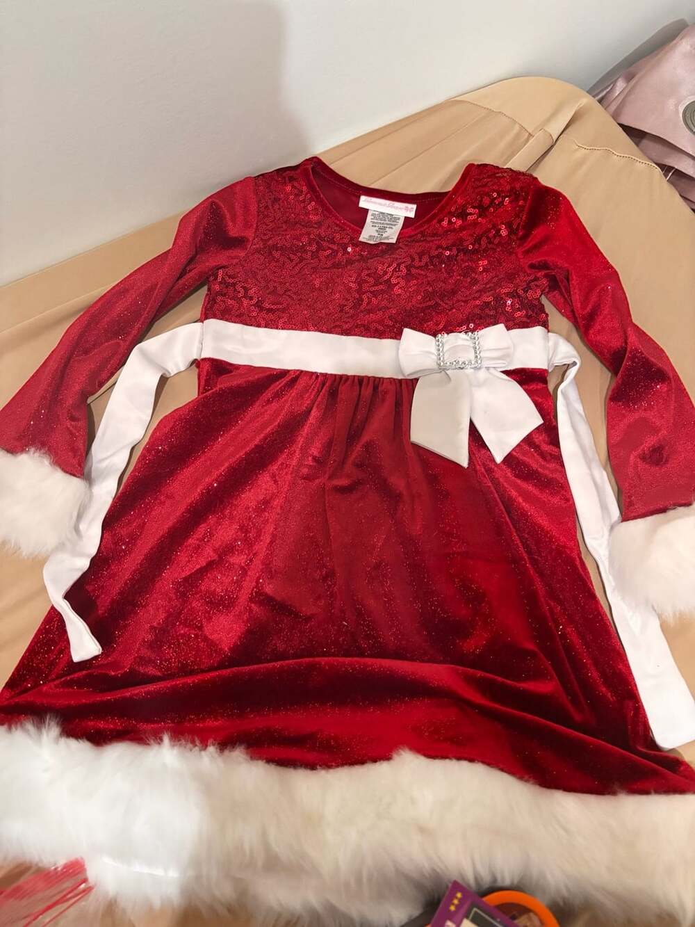Bonnie Jean Sequin Christmas Dress Size 5 Red Velvet Fux Fur Trim